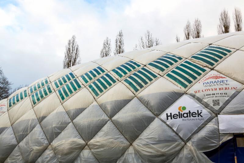 Figure 5 - A Paranet air-dome with Heliatek organic PV film integrated into the membrane. In this test installation, the green areas provide 5% of the energy required to sustain the dome.